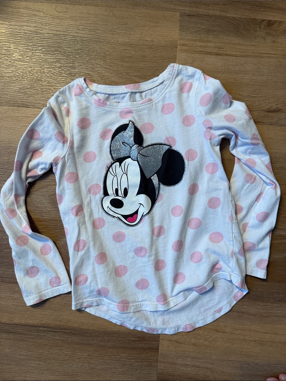 Disney White Long-Sleeve Tee with Pink Polka Dots and Minnie Graphic